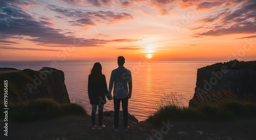 Silhouette of couple holding hands watching sunset over ocean with surfboard at rocky shore