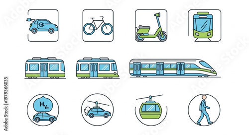 Collection of modern transportation icons and symbols.