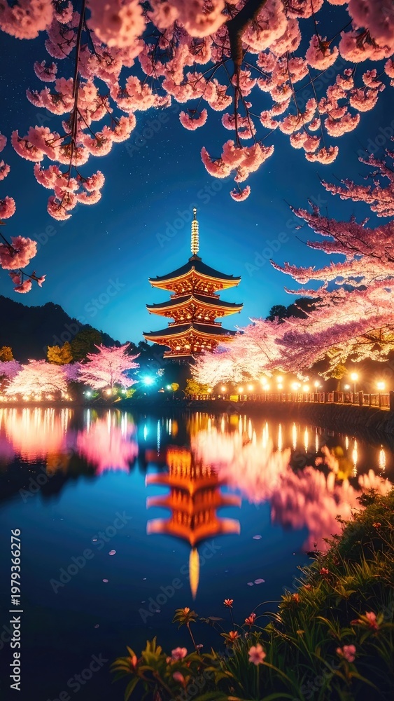Obraz premium A stunning nighttime view of a traditional Japanese pagoda reflected in a serene pond, framed by vibrant cherry blossoms under a clear, starry sky.