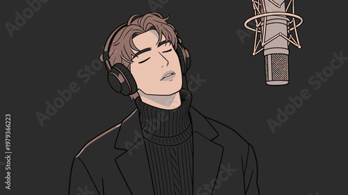 Man in headphones singing in recording studio