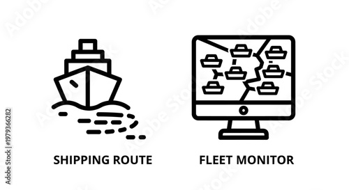 Shipping route and global fleet monitor icons with shipping logistics tracking