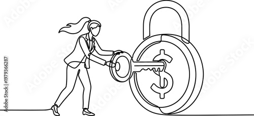 Office Worker Unlocking Dollar Padlock with Key Continuous One Line Drawing