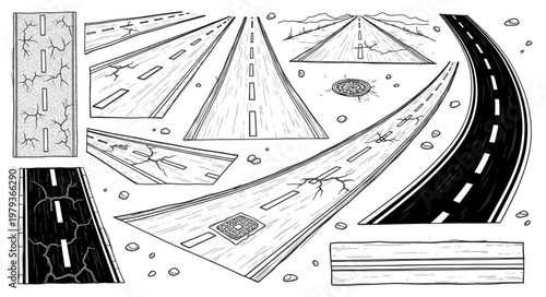 Collection of Hand Drawn Roads and Pathways in Various Perspectives.