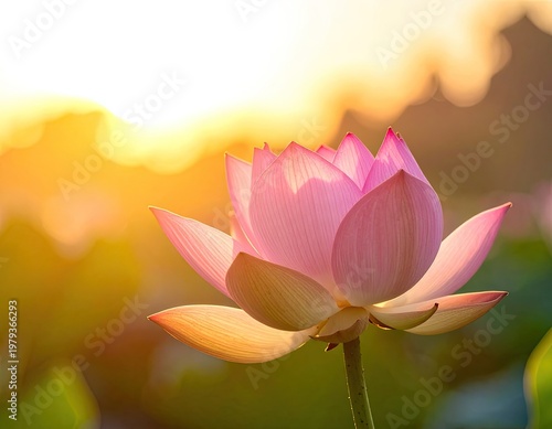 A vibrant pink lotus flower blooms gracefully against a warm, golden sunset, showcasing its delicate petals and serene beauty.