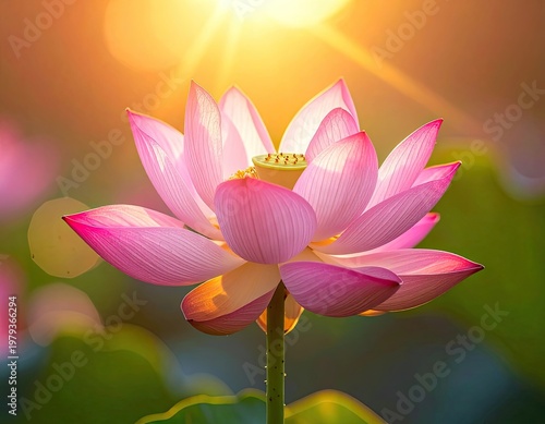 A vibrant pink lotus flower blooms gracefully in a sun-drenched pond, its petals radiating warmth and serenity against a backdrop of golden light.