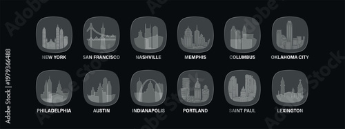 USA, American cities icons with glass, liquid effect. Set of cityscapes for interface design. Vector Austin, Indianapolis, Memphis, Nashville, New York, Portland skylines