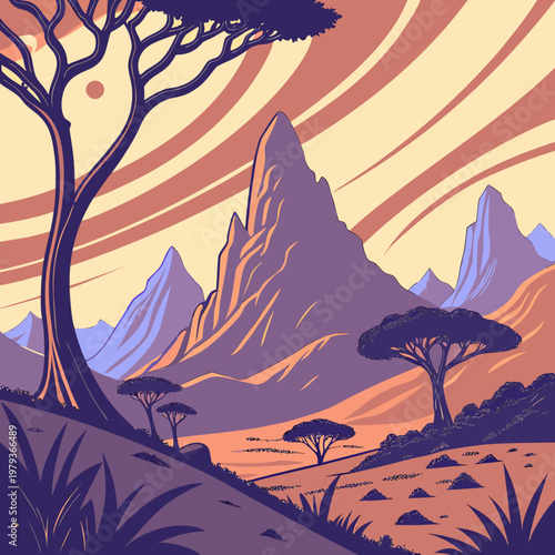 African savanna landscape with stylized mountains and trees landscape wildlife