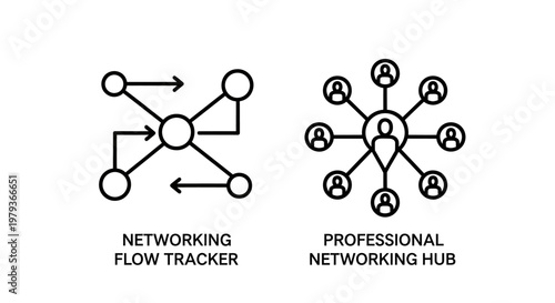 Networking flow tracker and professional networking hub icons with networking