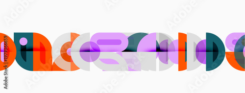 Abstract colorful overlapping circles create dynamic linear pattern. Minimalist design, modern aesthetic, bright hues present.