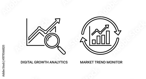 Digital growth analytics and market trend monitor outline icons with analytics