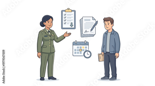 Military Service Enrollment Process Explained by Officer with Man and Documents, Military Draft Details
