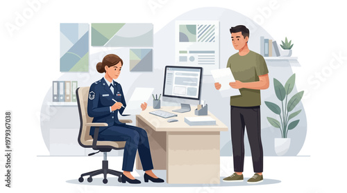 Military service officer assisting a civilian with military draft paperwork in an office setting
