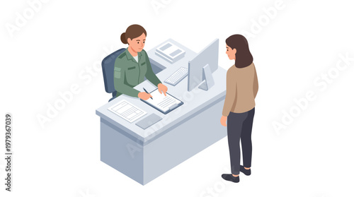 Military enlistment and draft process a clerk assists a woman with official documents at a desk, illustrating administrative procedures and service obligations