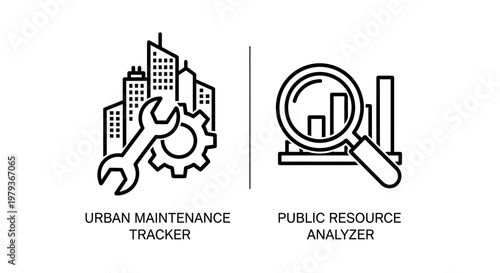 Urban maintenance tracking and public resource analysis icons with maintenance
