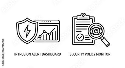 Cybersecurity intrusion alert and policy monitoring icons with security