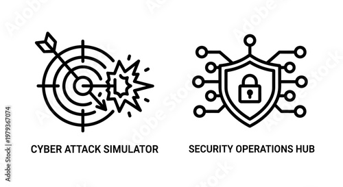 Cyber attack simulator and security operations hub icons with simulator