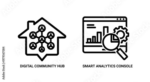 Digital community hub and smart analytics console vector icons with community