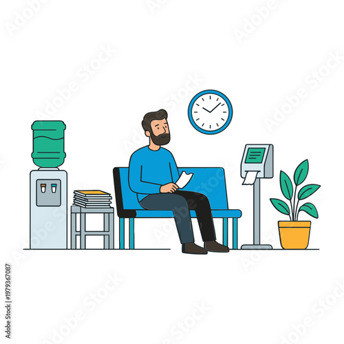 A man sits on a blue chair in a waiting room with a water cooler and scale.