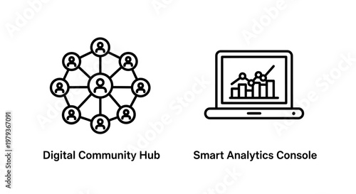 Digital community hub and smart analytics console line icons with community