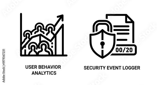 User behavior analytics and security event logger icons with analytics, behavior