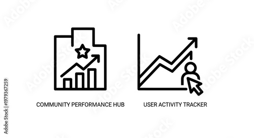 Community performance hub and user activity tracker outline icons with community