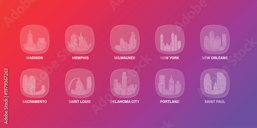 USA, American cities icons with glass, liquid effect. Set of cityscapes for interface design. Vector Madison, Memphis, Milwaukee, New Orleans, Oklahoma City, Portland skylines