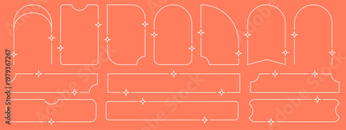 Set of aesthetic, minimalist line art horizontal frames, arches, embellished with sparkles and stars