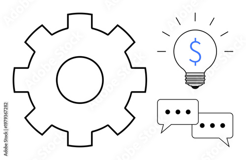 Innovation, problem-solving, workflow, communication, business strategy, technology. Gear outline, light bulb with dollar sign speech bubbles. Innovation and business strategy concepts