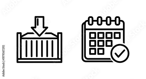 Container logistics loading and scheduled task completion icons with container