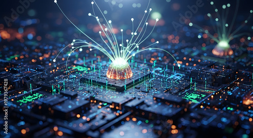 Electronic circuit board with glowing connections and microchips in a technological environment