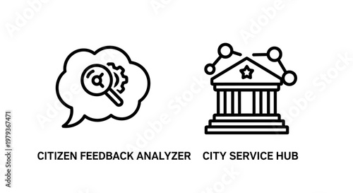 Citizen feedback analyzer and city service hub icons with feedback, analyzer