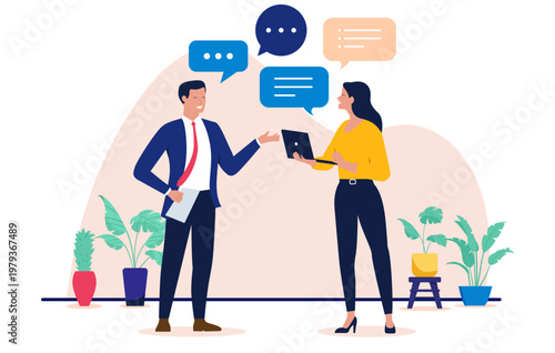Professional business man and woman having a conversation with laptop and speech bubbles, corporate colleagues discussing work project in office setting, flat design vector illustration