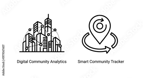 Digital community analytics and smart community tracker icons with analytics