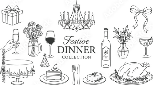 Black and white line art illustration in a minimalist hand-drawn style, featuring a festive dinner collection , elegant composition on white background.