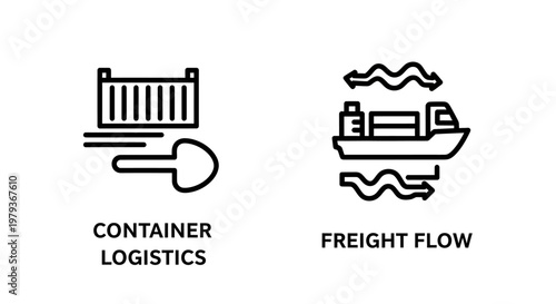 Container logistics and freight flow shipping icons with container, logistics