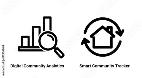 Digital community analytics and smart community tracker line icons with location