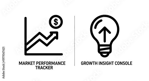 Market performance tracker and growth insight console icons with performance