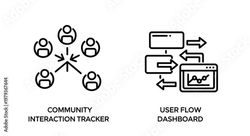 Community interaction tracker and user flow dashboard icons with community