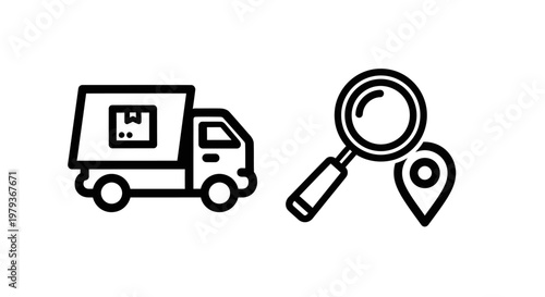 Delivery truck icon and magnifying glass location symbol with delivery, location