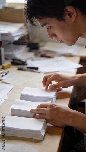 Man arranging stacks of blank paper on a wooden desk