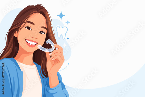 Young woman smiling while holding clear aligners in dental concept  