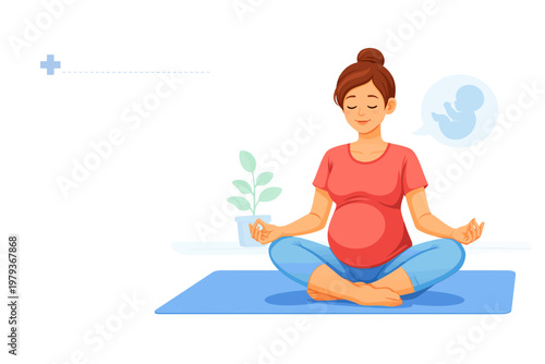 Pregnant woman meditating in lotus position on yoga mat at home  