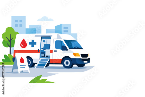 Ambulance van parked beside building in city with donation sign  