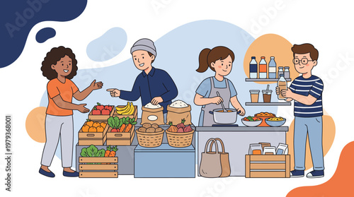 Vector Illustration of Diverse People Shopping for Organic Produce and Fresh Food at a Local Community Farmers Market