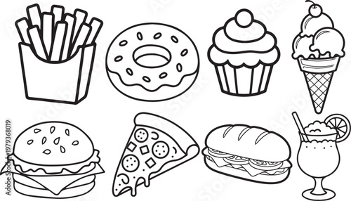 Black and white sketch of various fast foods and sweet treats