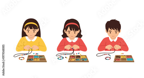 Three young children are sitting at a table, focused and happily engaged in threading colorful beads onto strings to create handmade jewelry.