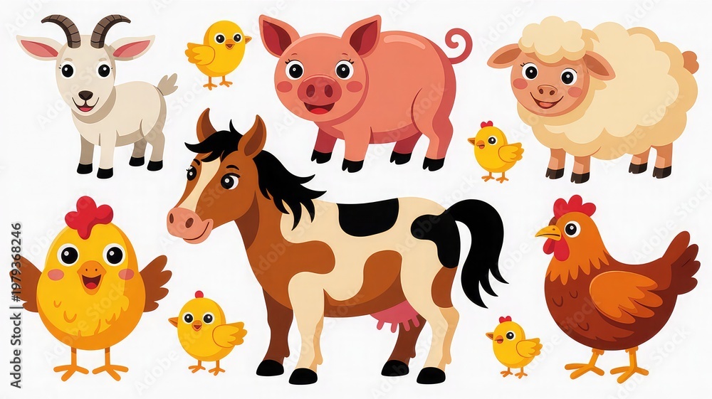 Fototapeta premium Cute Farm Animal Cartoon Illustration Set with Cow Pig Sheep Goat Chicken Horse and Chicks
