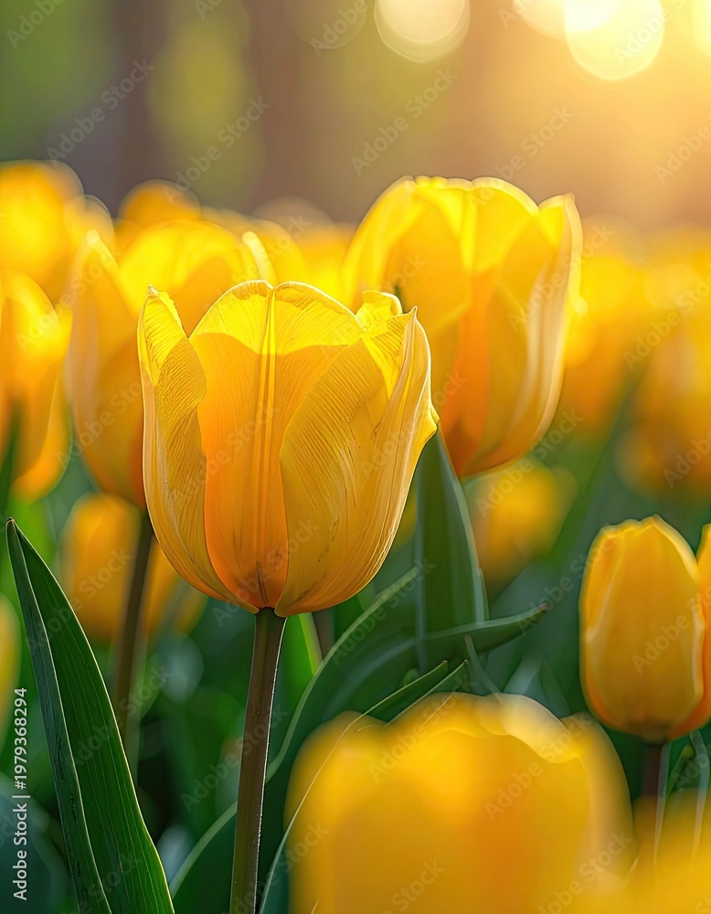 Naklejka premium A vibrant close-up showcases a single, luminous yellow tulip bathed in warm sunlight, surrounded by a soft, blurred field of similar blooms.