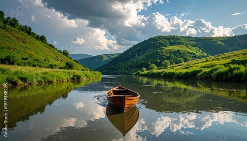 A serene wooden boat rests peacefully on a calm river, framed by lush green hills and a dramatic sky filled with fluffy clouds, creating a picturesque landscape.