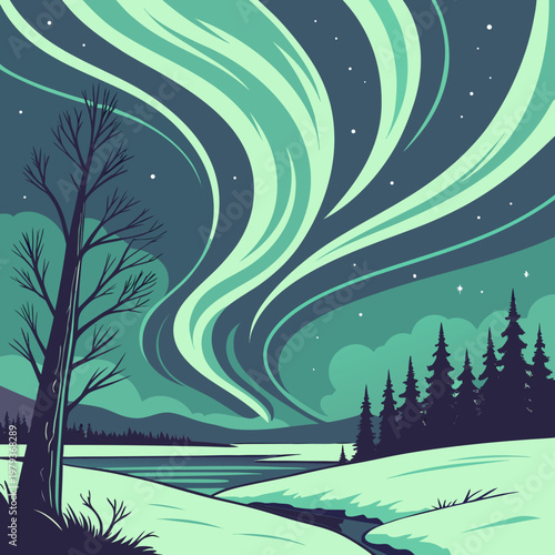 Winter aurora borealis over snowy landscape with lone tree borealis northern